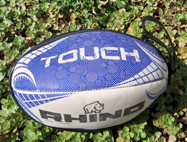 Toiletry bag made with Rhino rugby ball