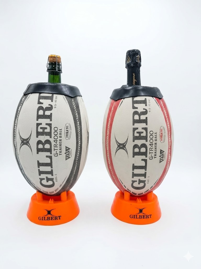 Seau à champagne rugby pour événements, fabriqué à partir de ballons recyclés Seaux à champagne rugby réalisés à partir de véritables ballons recyclés pour événements et réceptions.