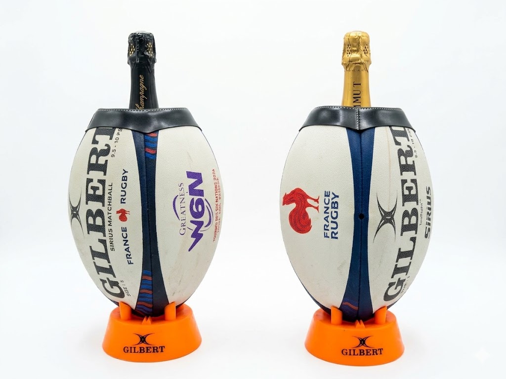 Seau à champagne rugby pour événements, fabriqué à partir de ballons recyclés Seaux à champagne fabriqués à partir de ballons de rugby recyclés